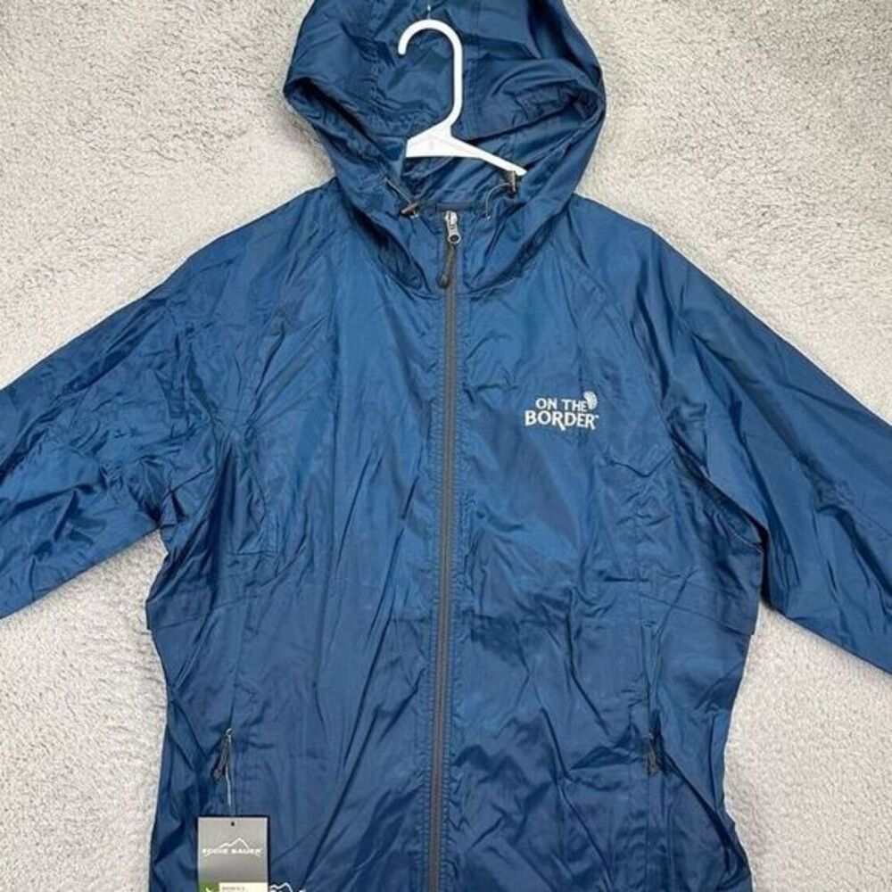 Eddie Bauer Packable Wind Jacket Womens XL Blue Nylon Hooded Full Zip Hiking NEW